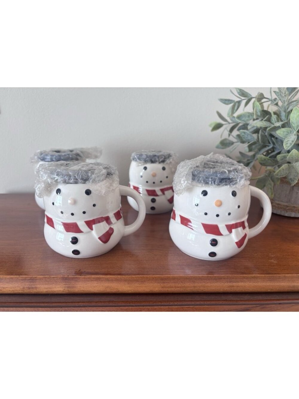 NWOT Williams & Sonoma Ceramic Snowman Mugs Bonjour No Frother Or Box Set of 4
